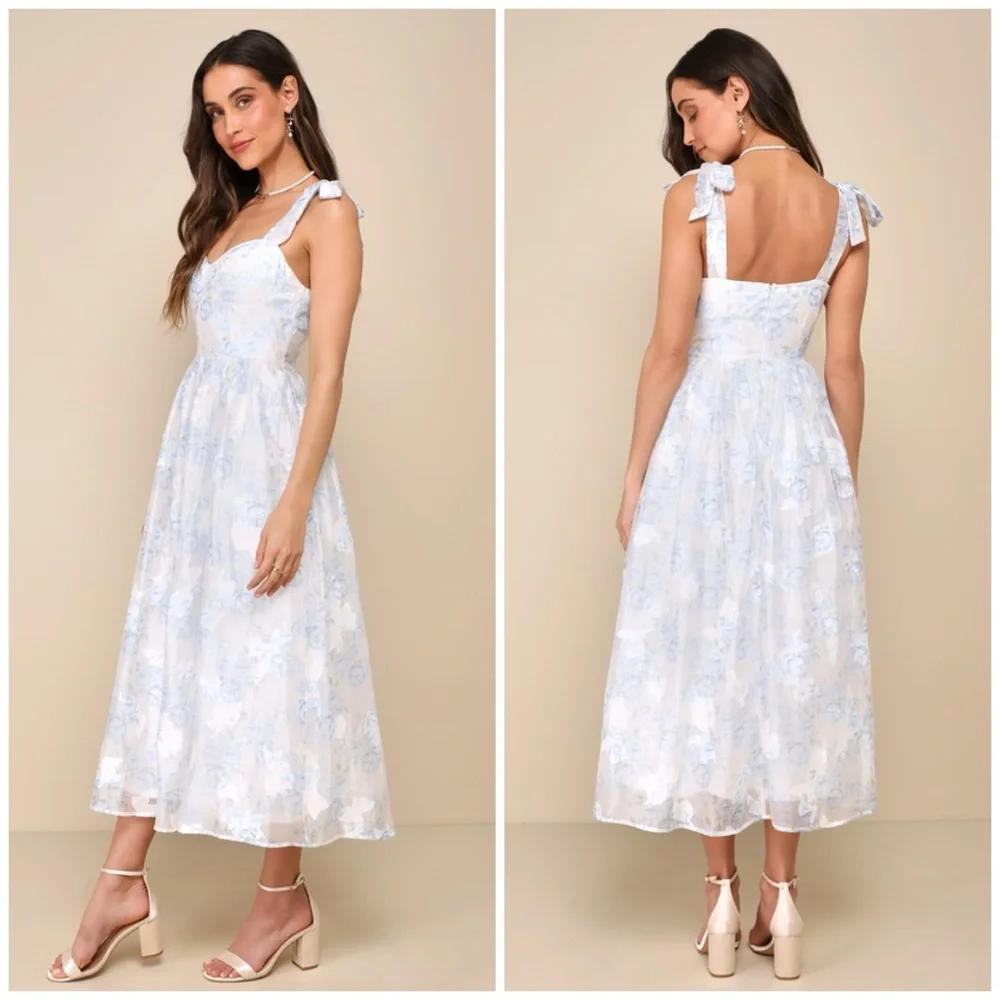 Lulus White Baby Blue Floral Burnout Tie-Strap Sweetheart Midi Dress Size M - Picture 3 of 7